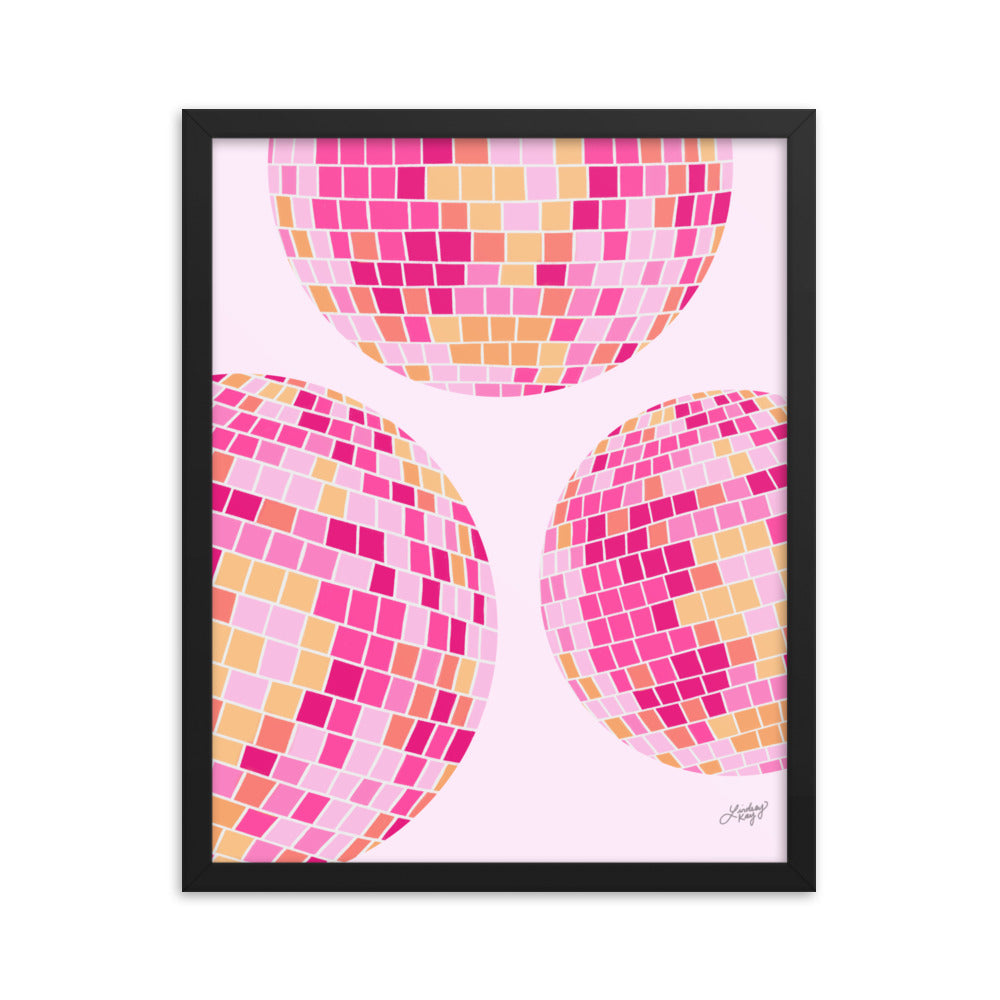 Ilustración de bolas de discoteca (paleta rosa/amarilla) - Impresión mate enmarcada